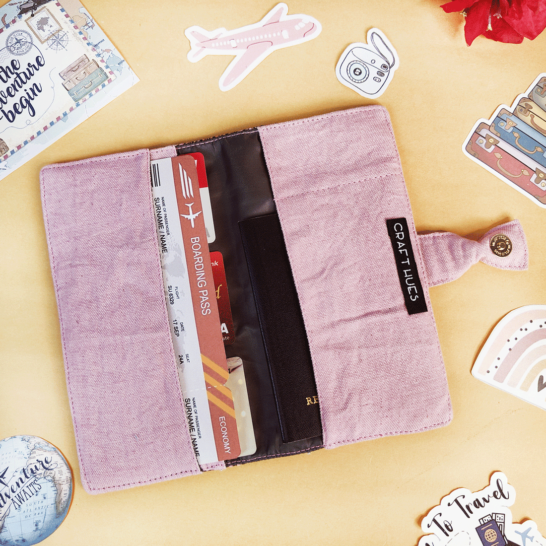 Long Passport Case- Black-Pink Aztec