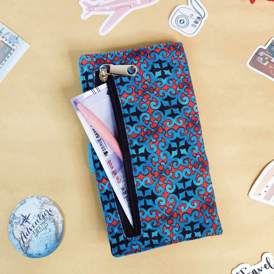 Long Passport Case- Teal-Red Knot