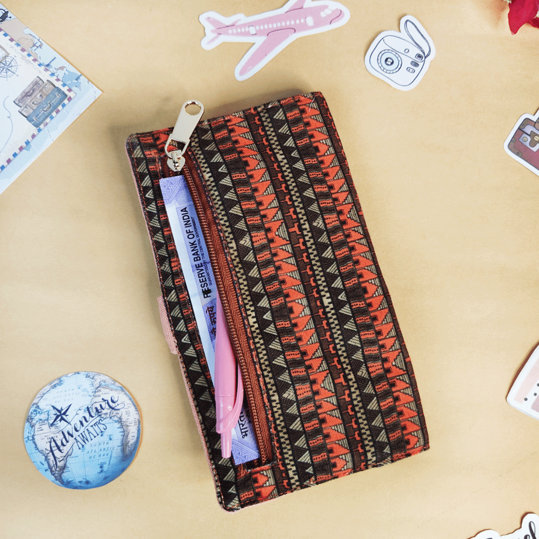 Long Passport Case- Orange Aztec