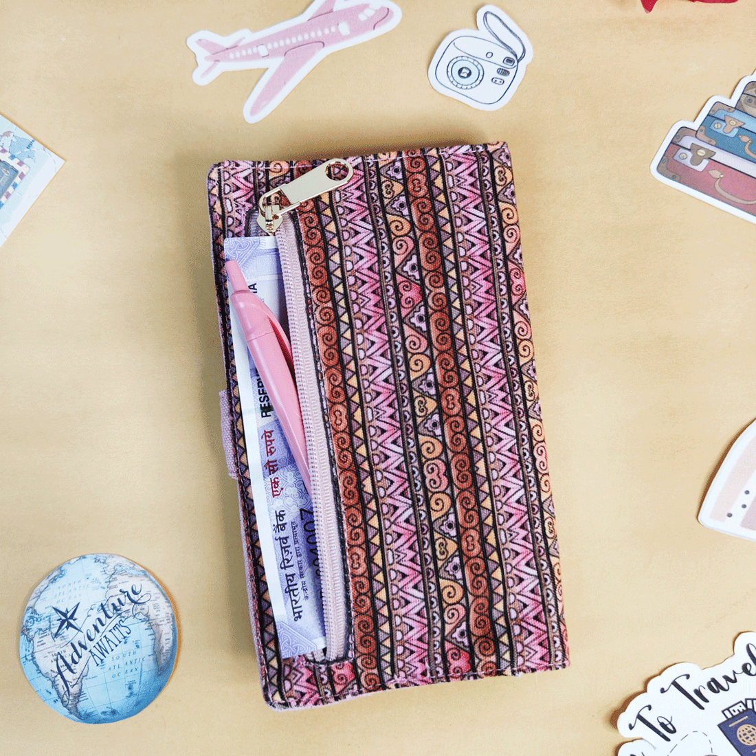 Long Passport Case- Black-Pink Aztec