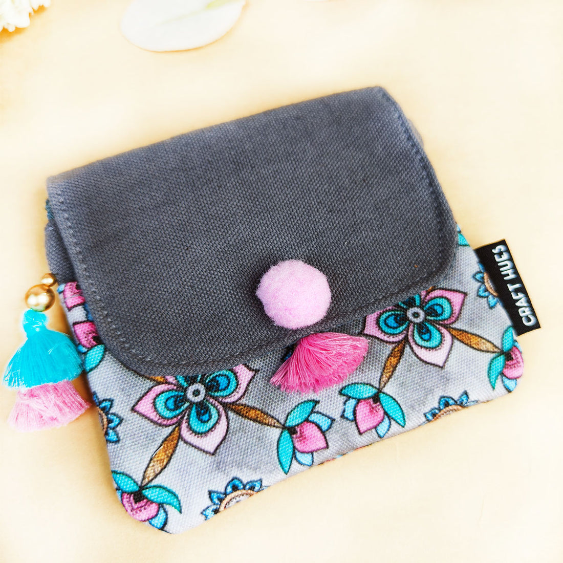 Mini Flap Wallet- Peach & Grey