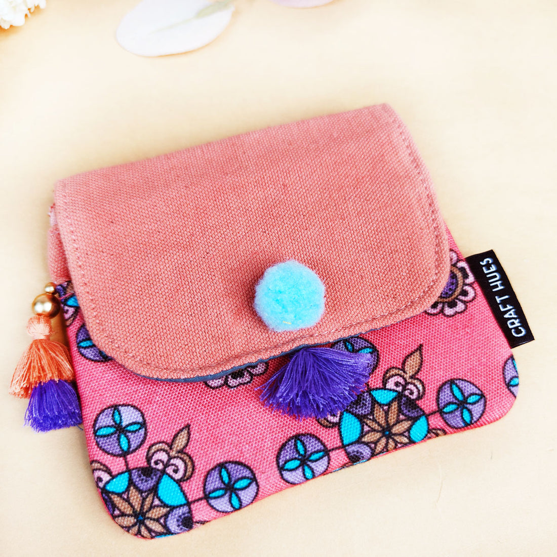 Mini Flap Wallet- Peach & Grey