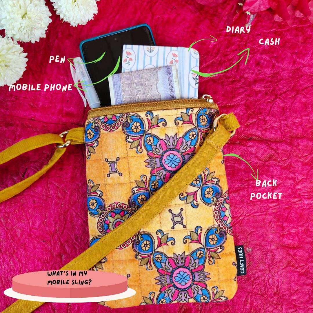 Quilted Mobile Sling-Mustard Pink Floral Tile