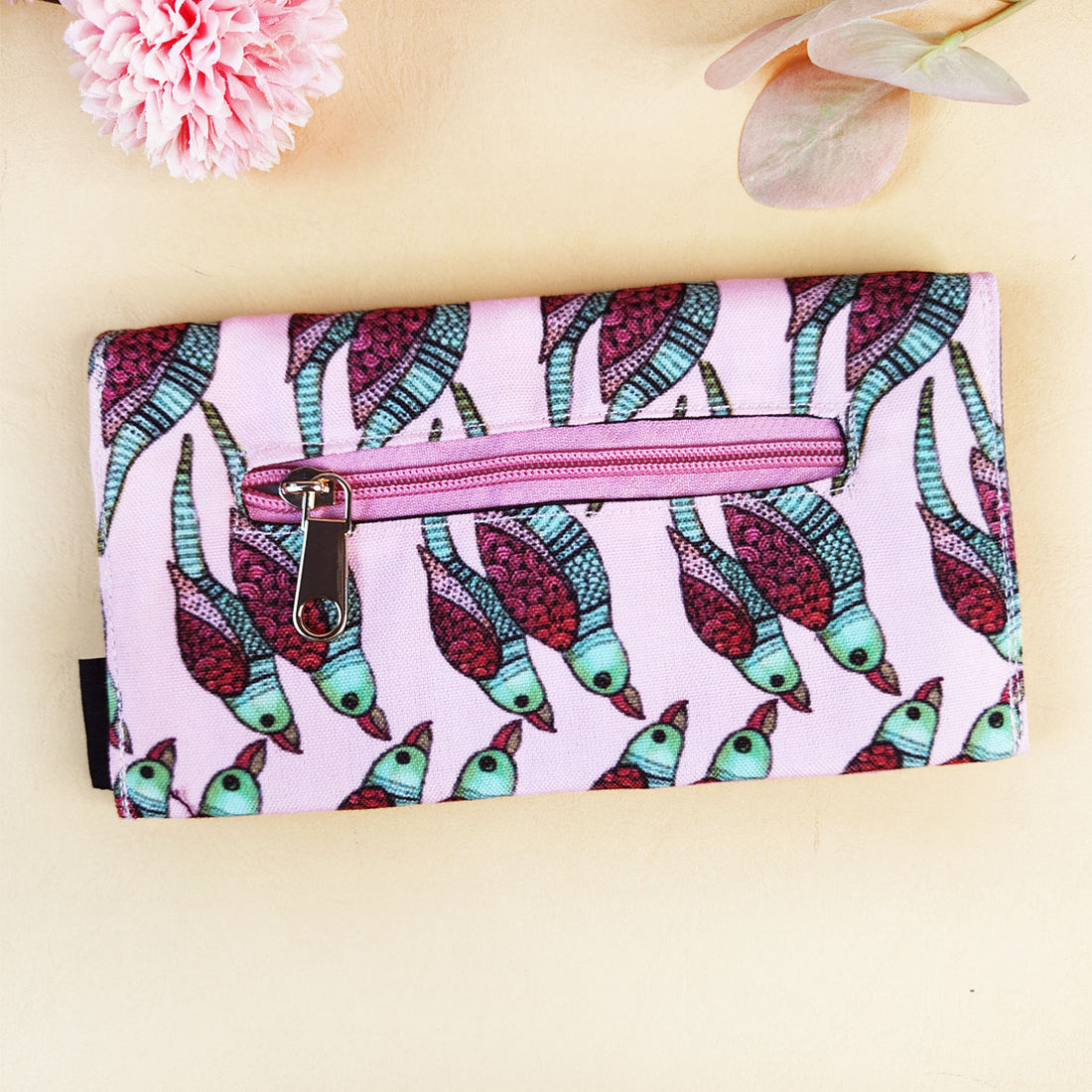 5 Pocket Long Wallet-Gond Pink Parrot