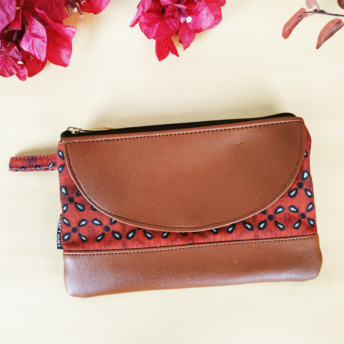 Leather Flap Wallet-Red Black Flowers