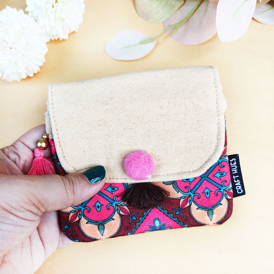 Mini Flap Wallet- Peach & Beige
