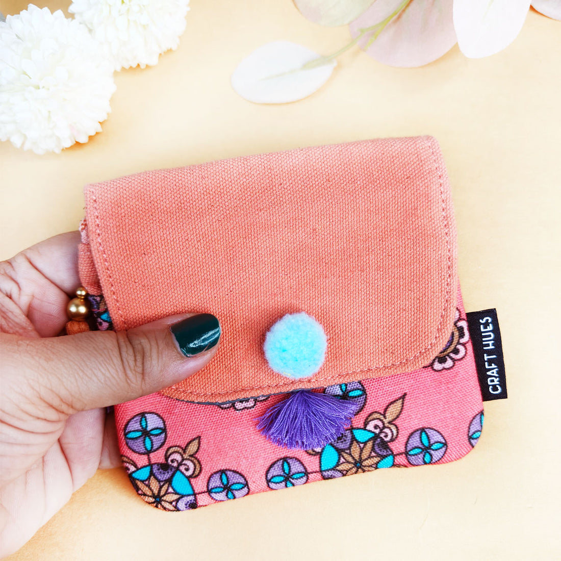Mini Flap Wallet- Peach & Grey