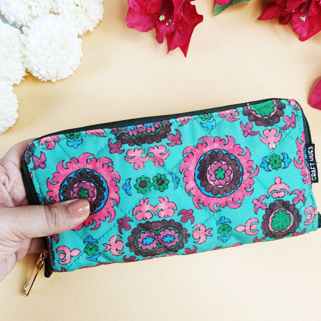 Quilted Slim Wallet- Sea green Suzani