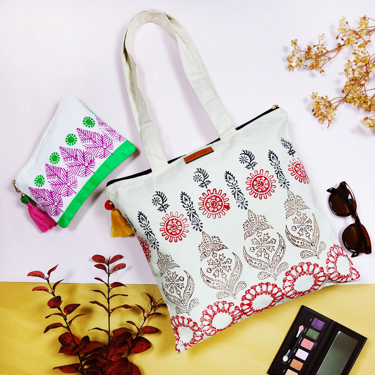 Pink Leaves Canvas Tote/Pouch Combo