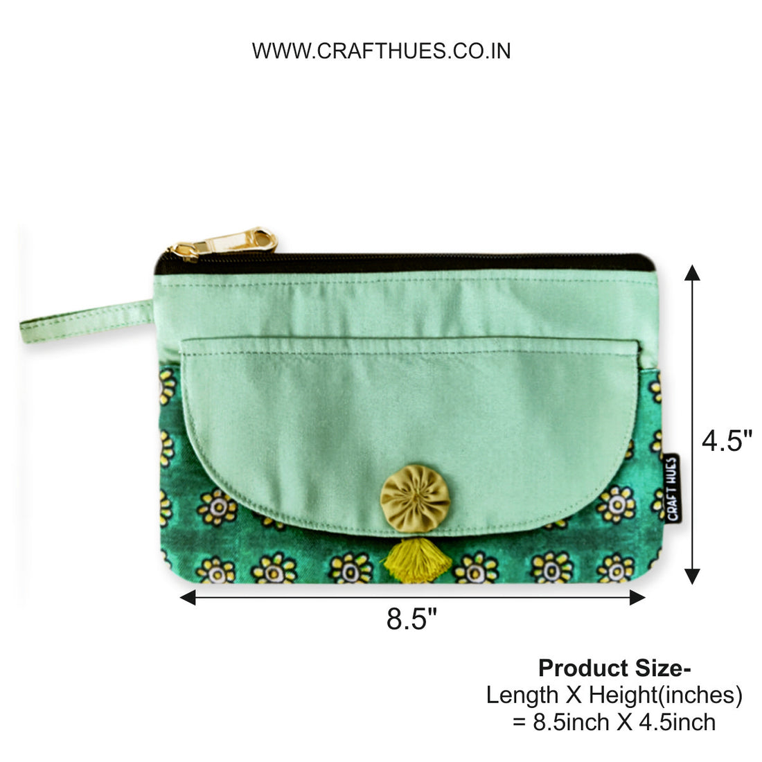 Mobile wallet coin pouch combo- Kalamkari Green yellow flowers