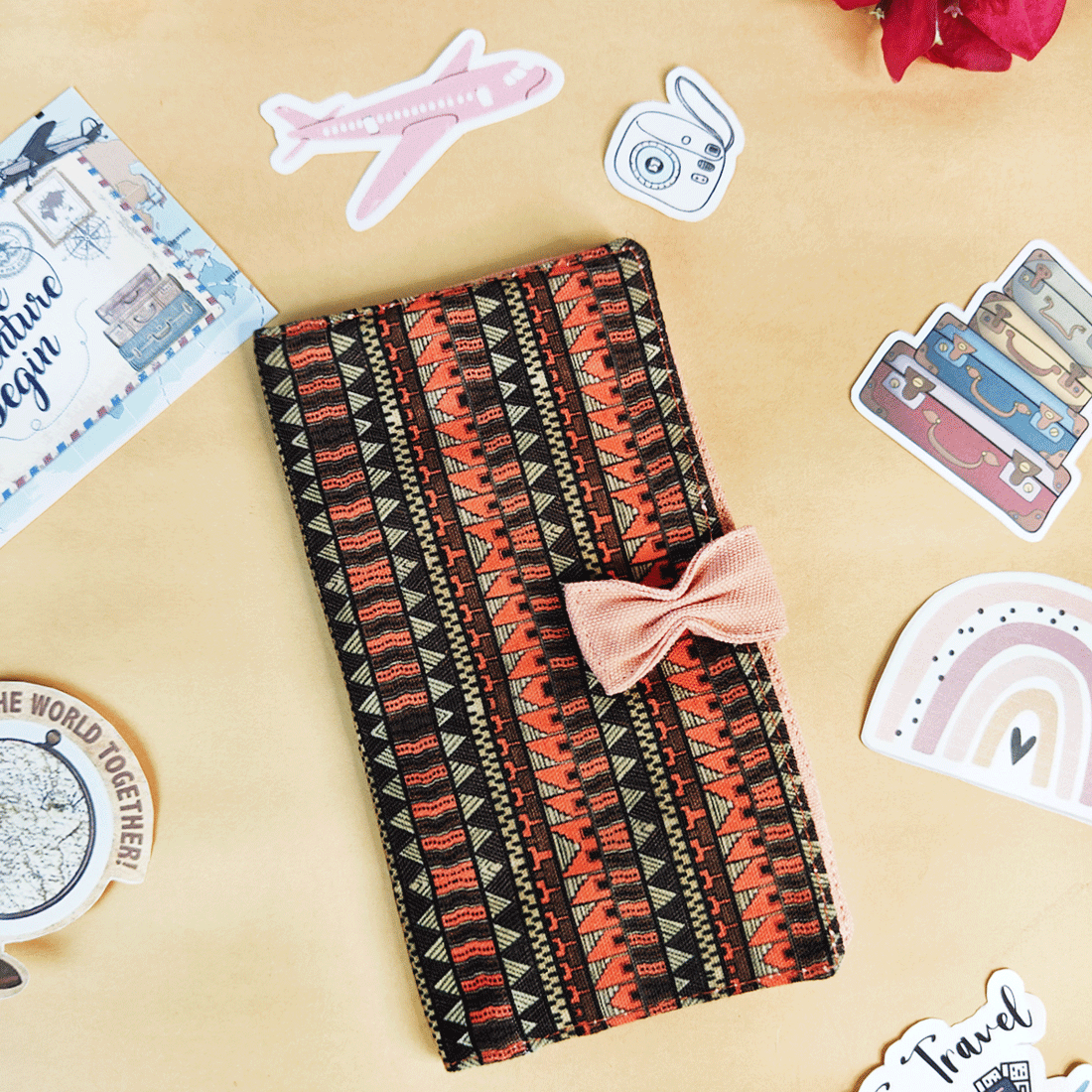 Long Passport Case- Orange Aztec