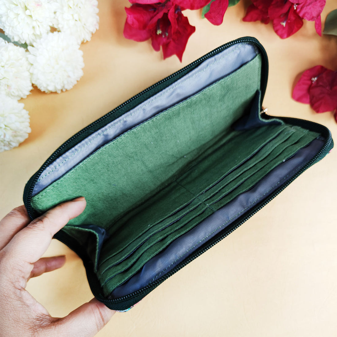 Quilted Slim Wallet- Sea green Suzani