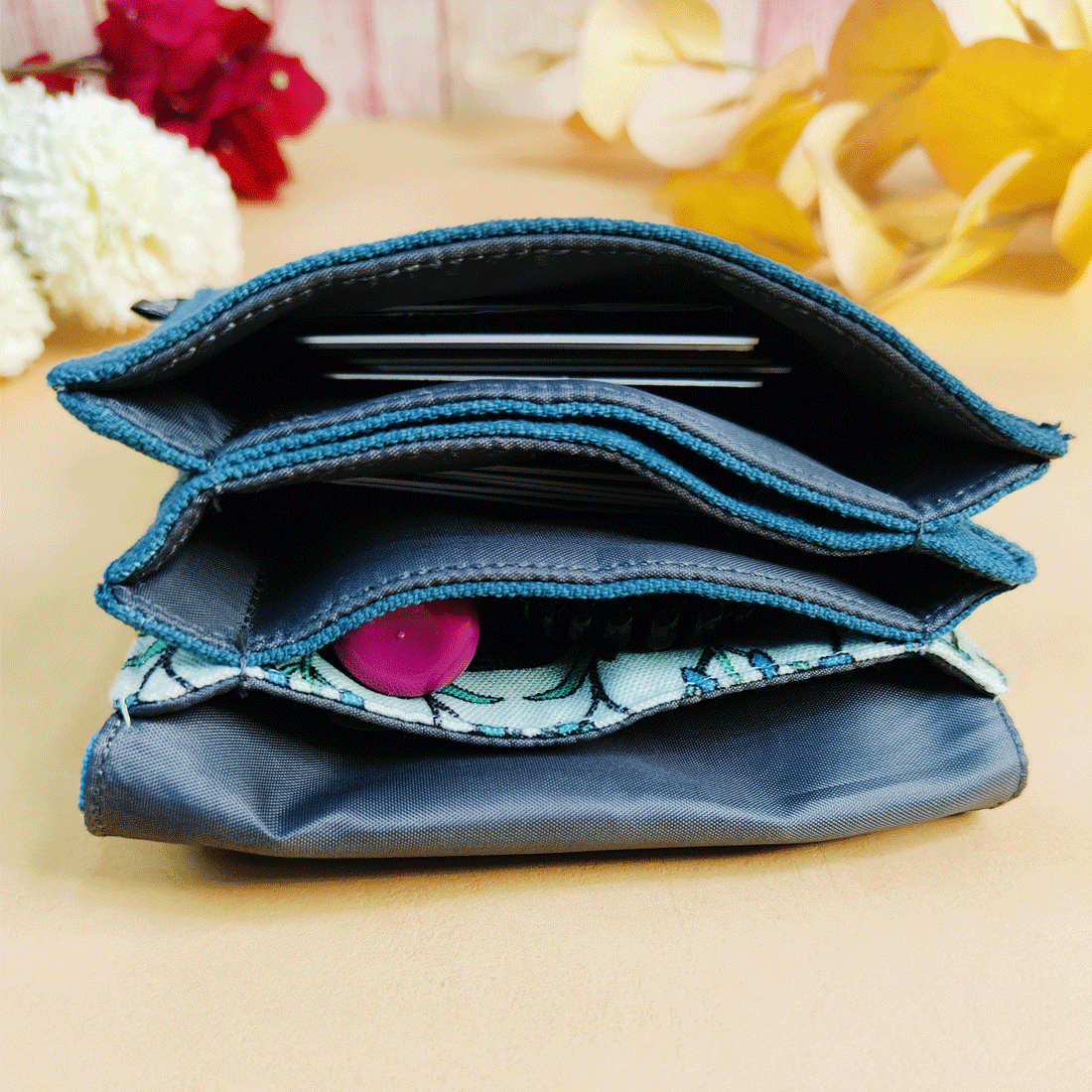 5 COMPARTMENT MINI WALLET- SEA GREEN PERSIAN FLORAL