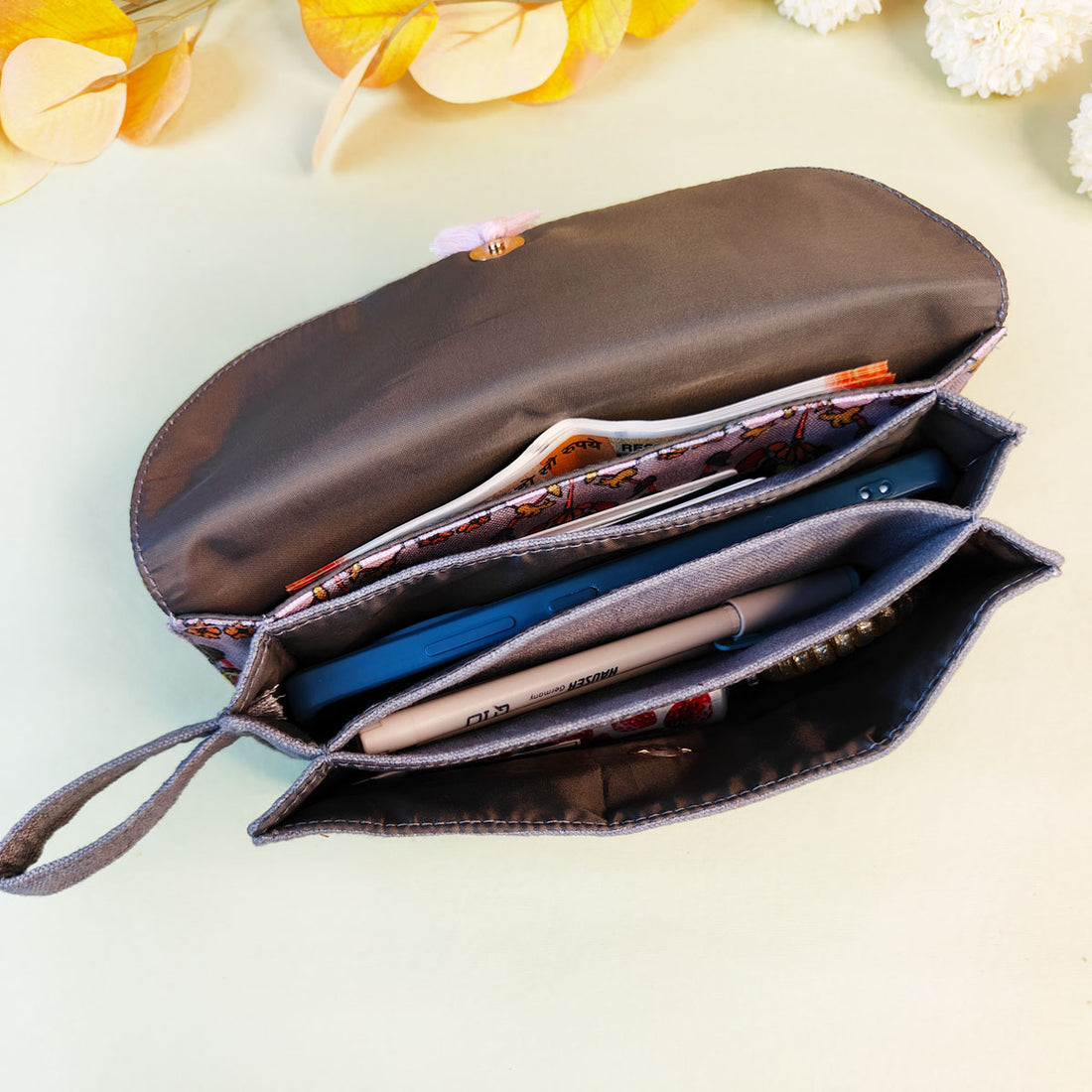 5 Pocket Long Wallet-Grey Pink Flower