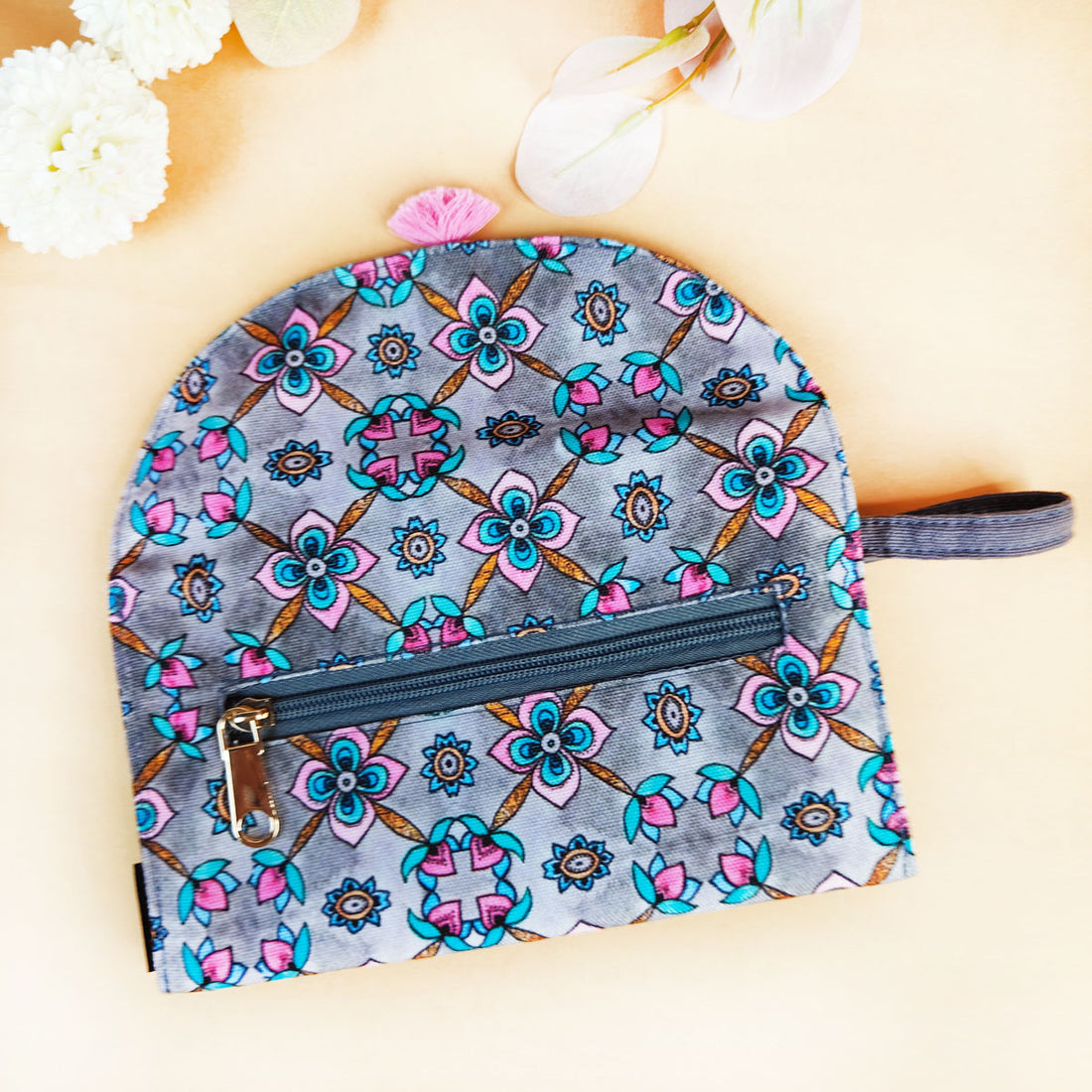 5 Pocket Long Wallet-Grey Pink Flower