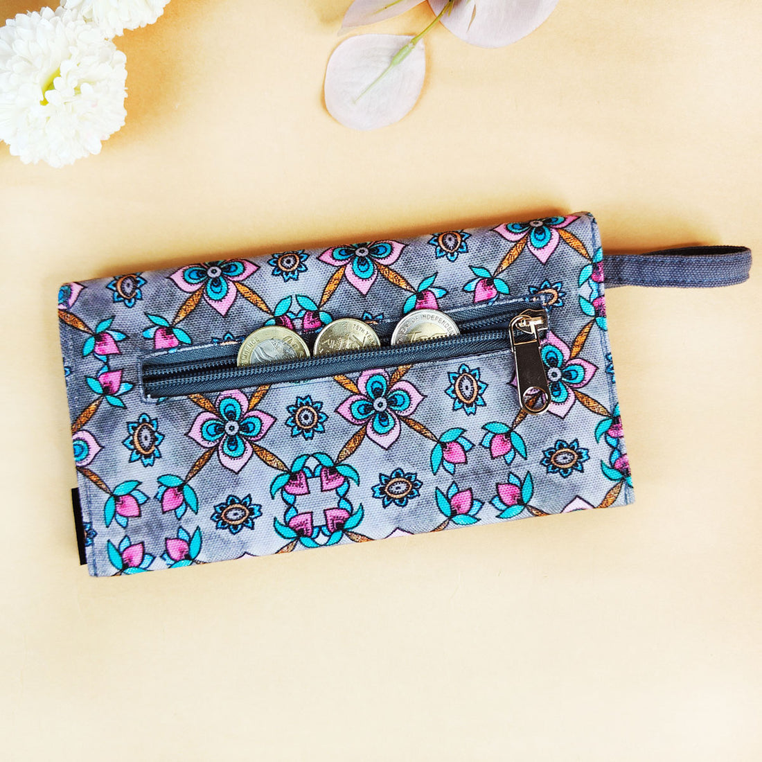 5 Pocket Long Wallet-Grey Pink Flower