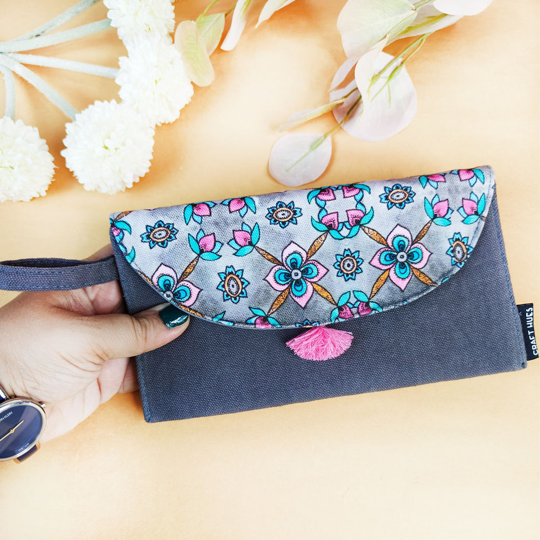 5 Pocket Long Wallet-Grey Pink Flower