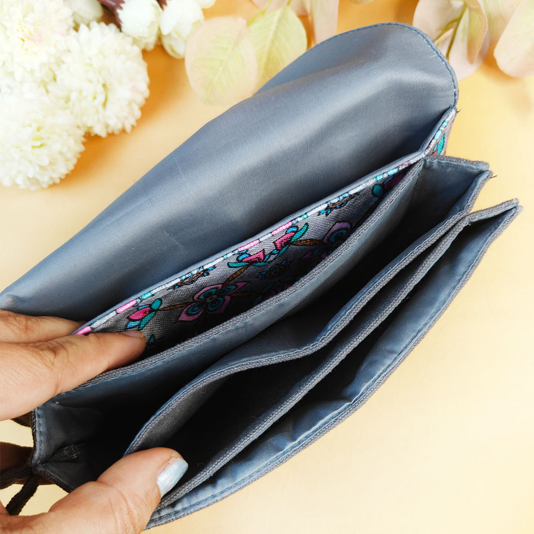 5 Pocket Long Wallet-Grey Pink Flower