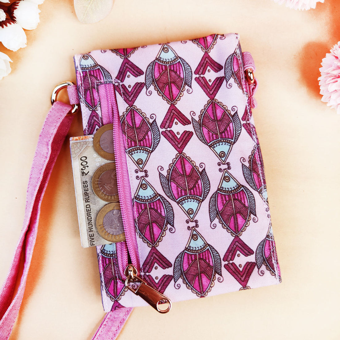 5 Pocket Sling Bag-Pink Fish Godna Art