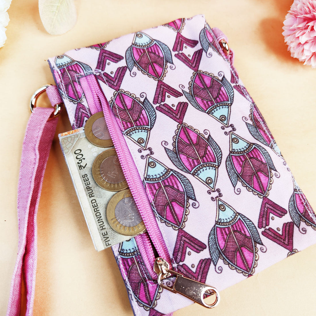 5 Pocket Sling Bag-Pink Fish Godna Art