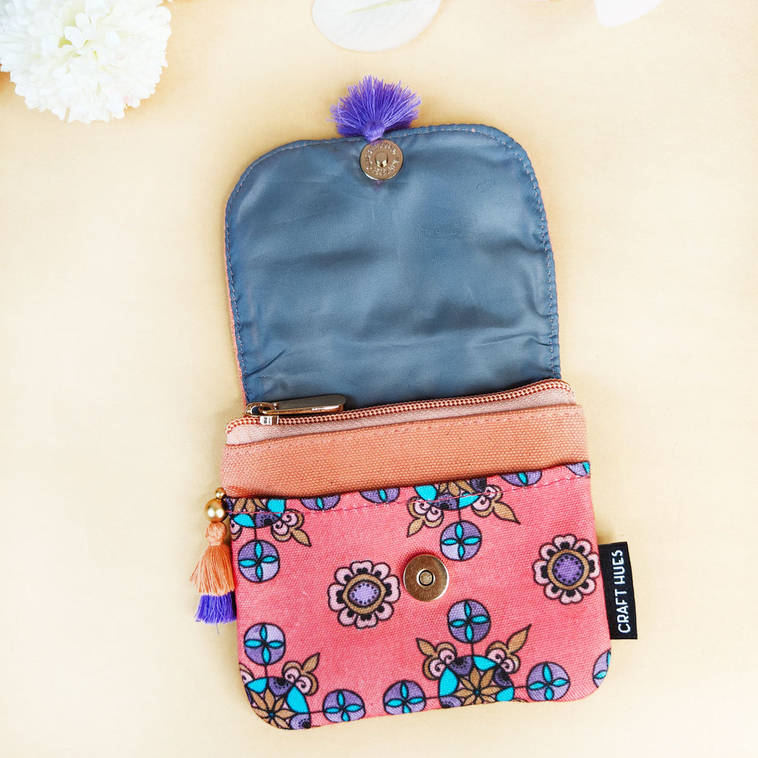 Mini Flap Wallet- Peach & Grey