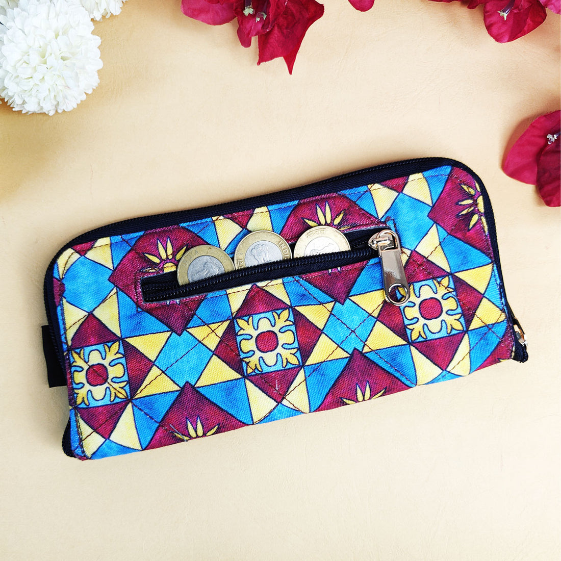 Quilted Slim Wallet- Red-Blue Kite