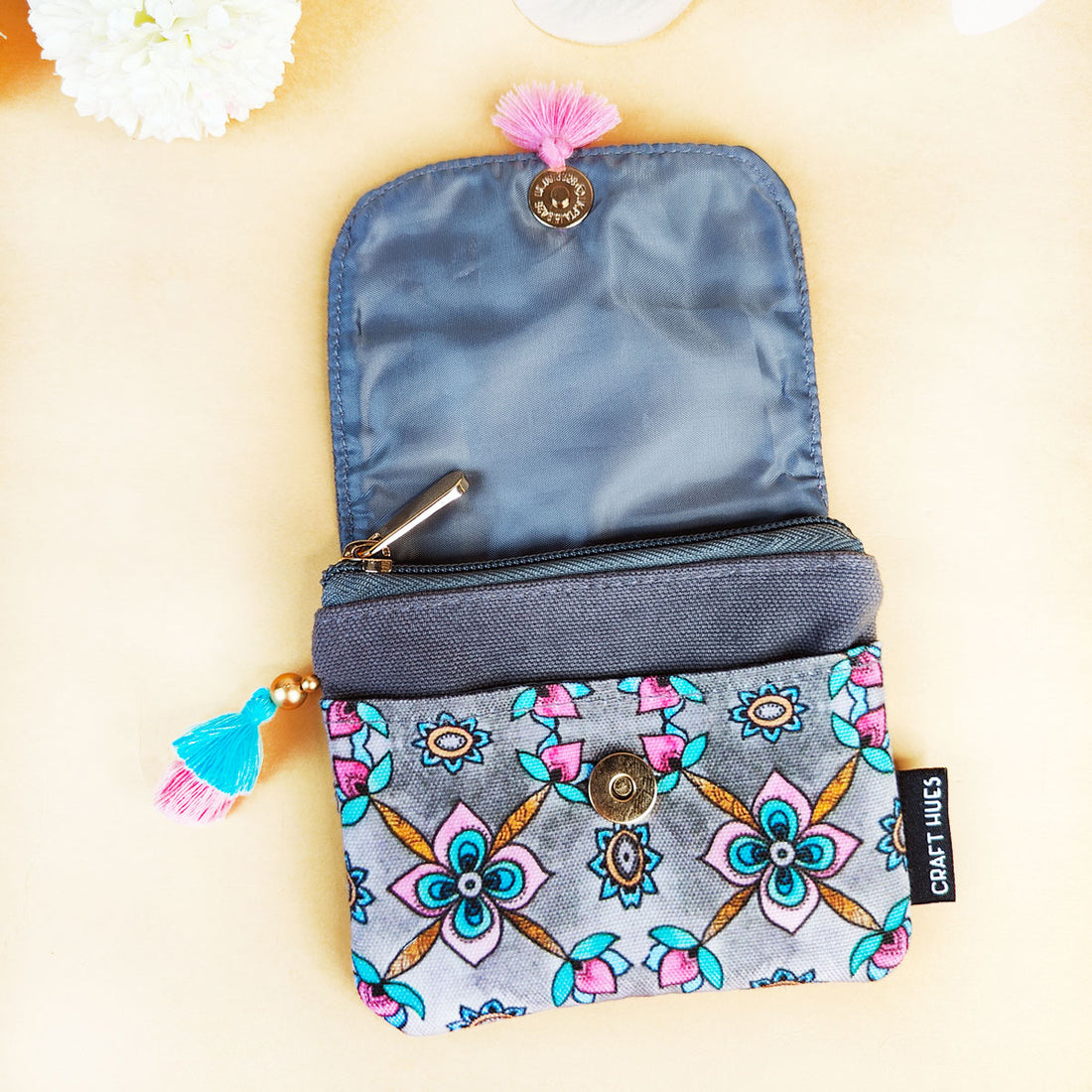 Mini Flap Wallet- Peach & Grey