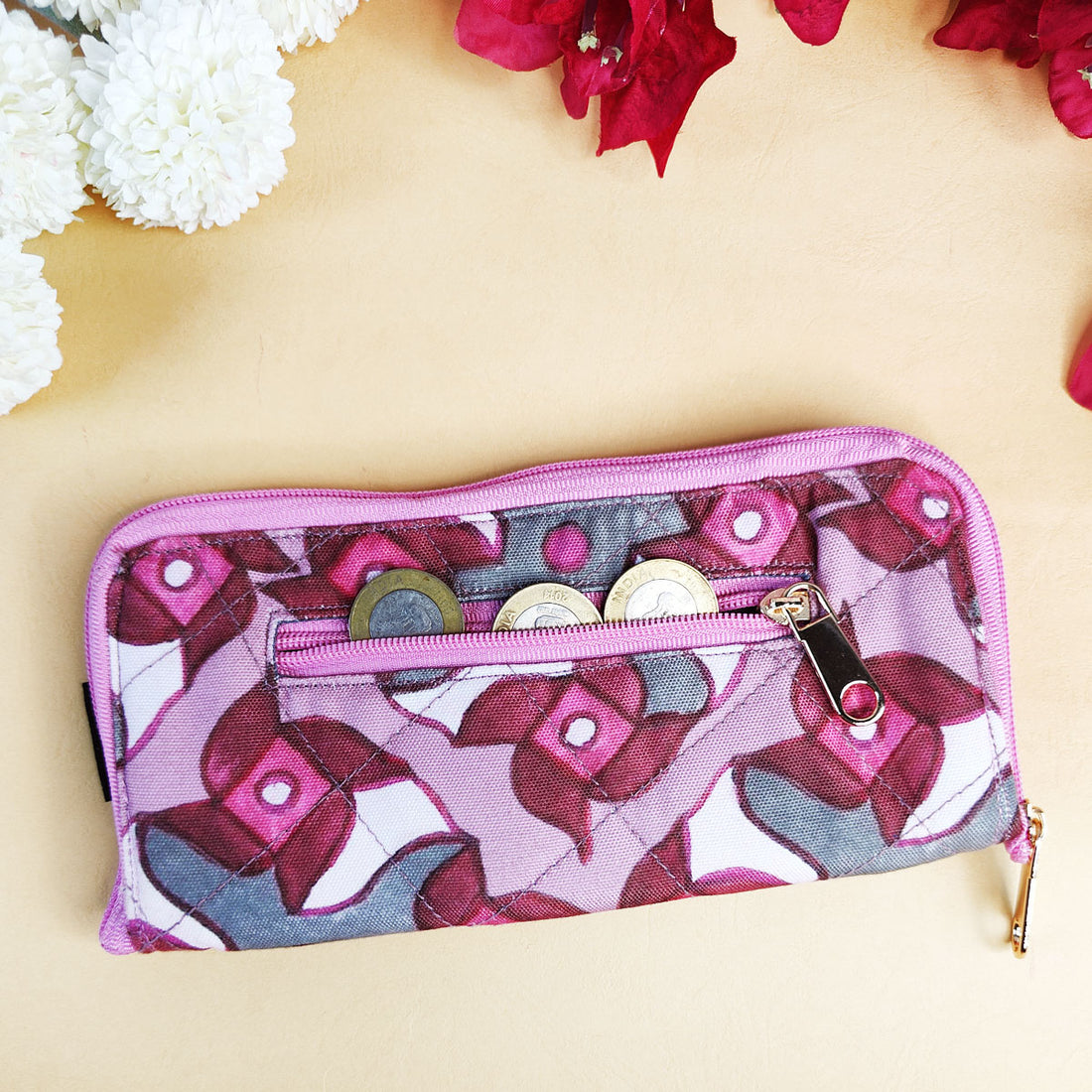 Quilted Slim Wallet- Pink Pin-Wheel