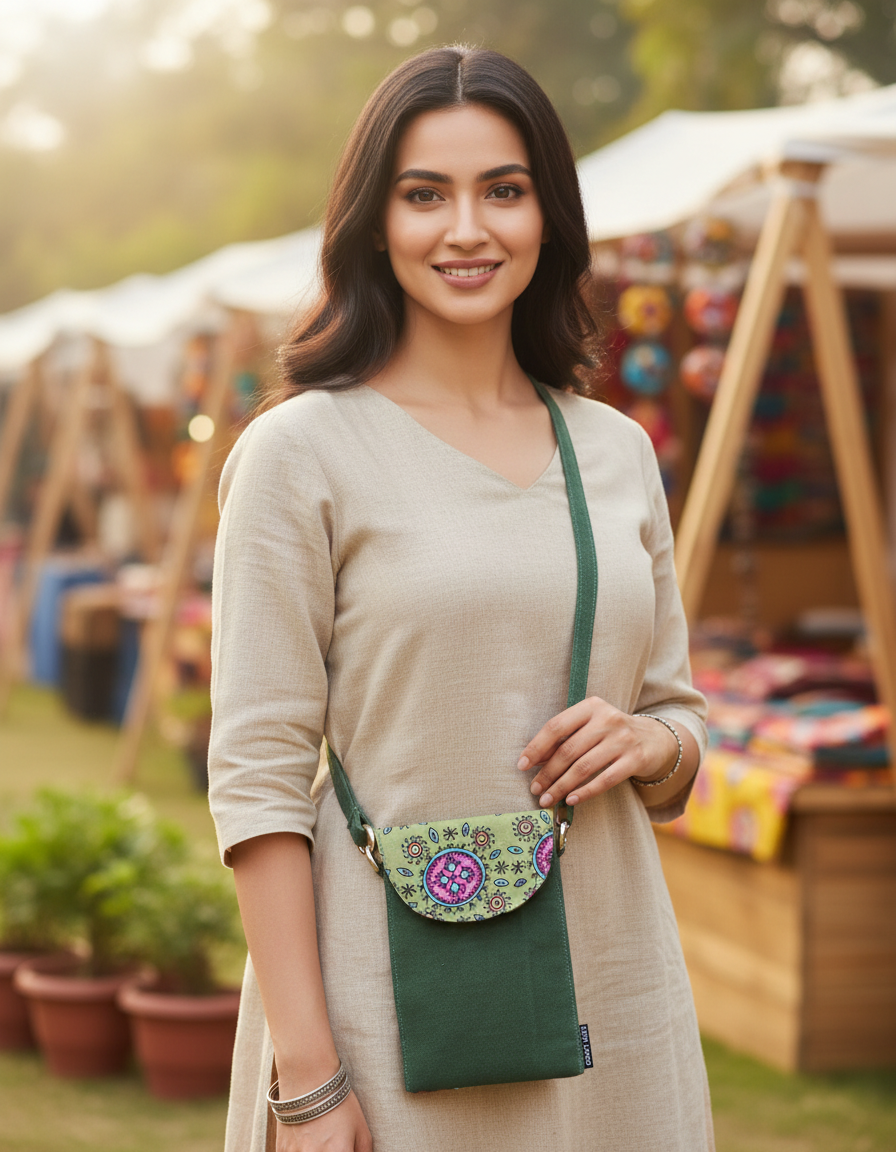 5 Pocket Sling-Green-Pink Godna Art