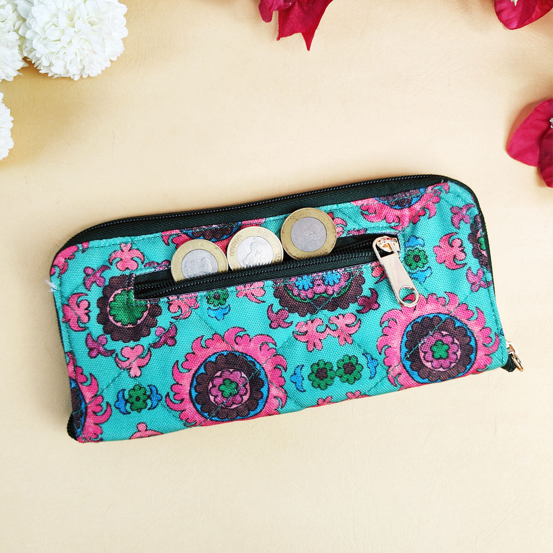 Quilted Slim Wallet- Sea green Suzani