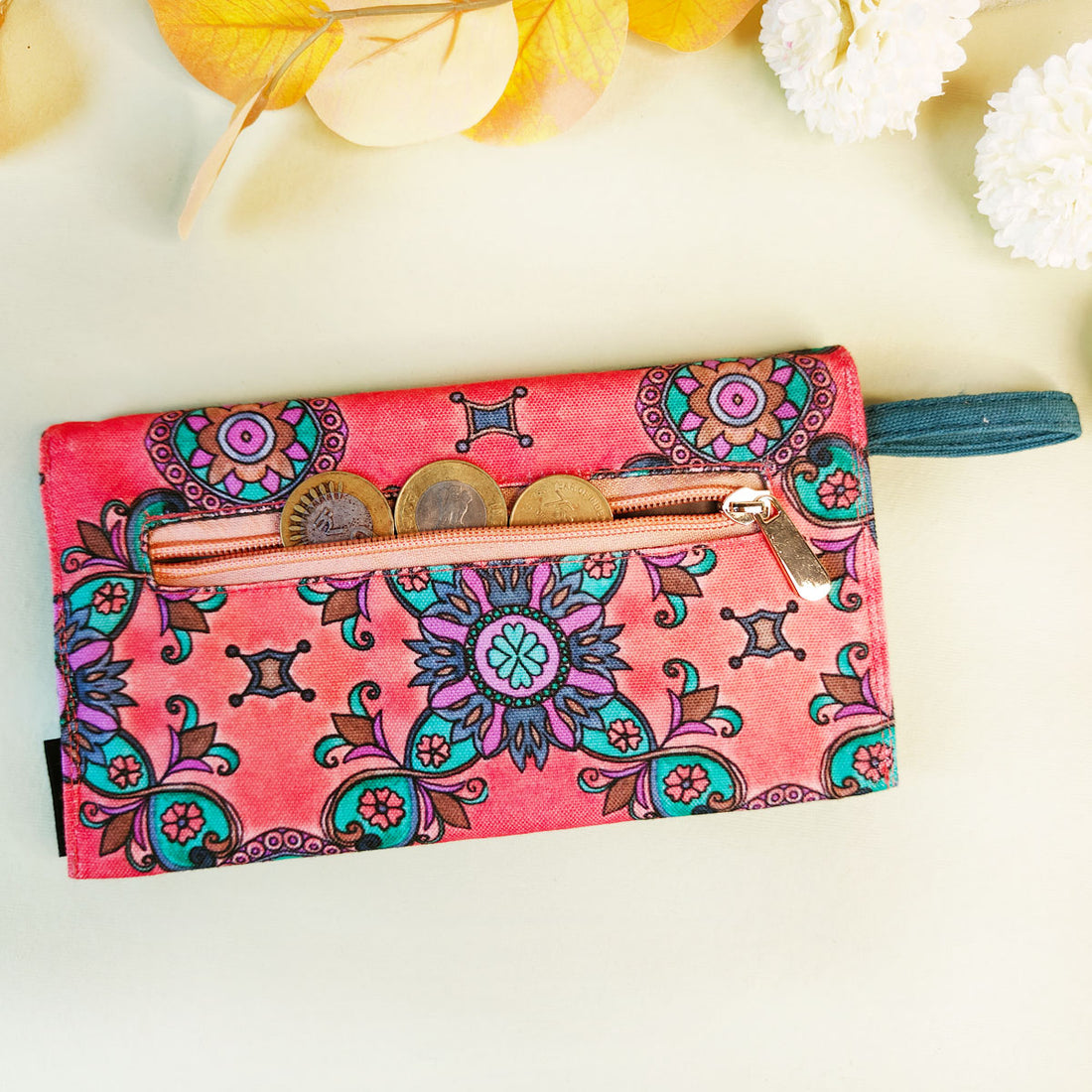 5 pocket long wallet-peach purple tile