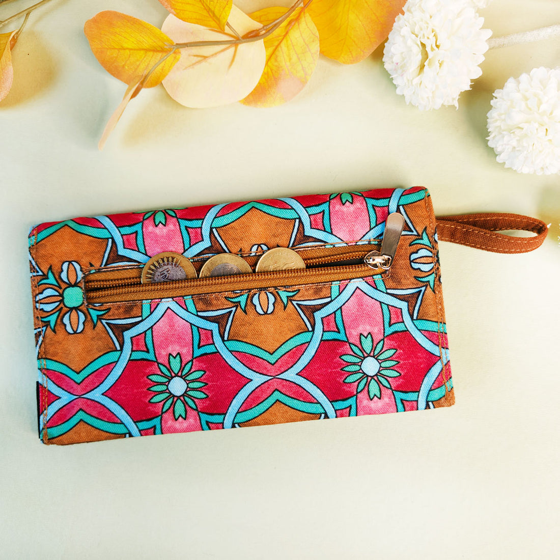 5 pocket long wallet-mustard peach tile