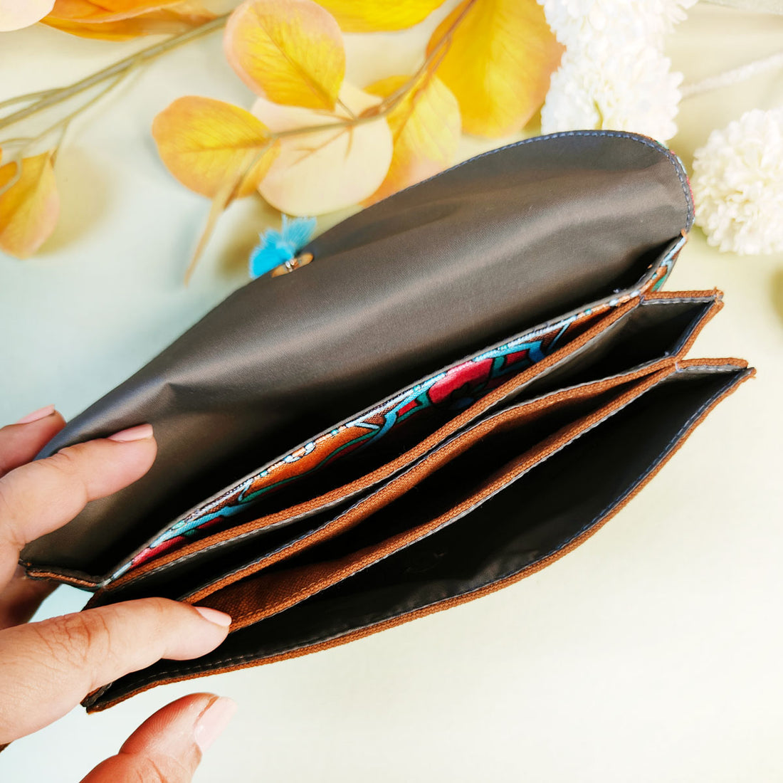 5 pocket long wallet-mustard peach tile