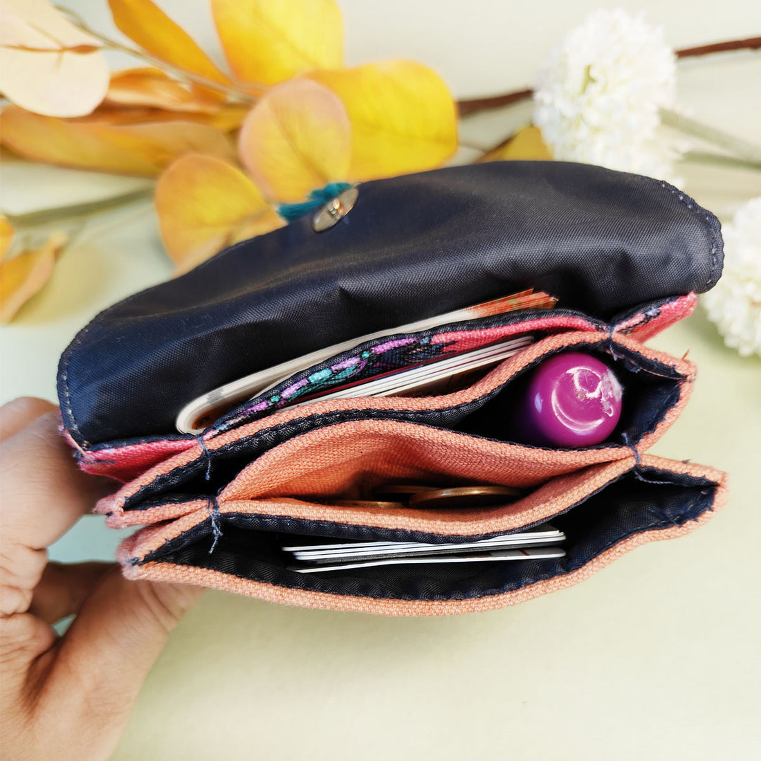 5 COMPARTMENT MINI WALLET- PEACH-PURPLE TILE