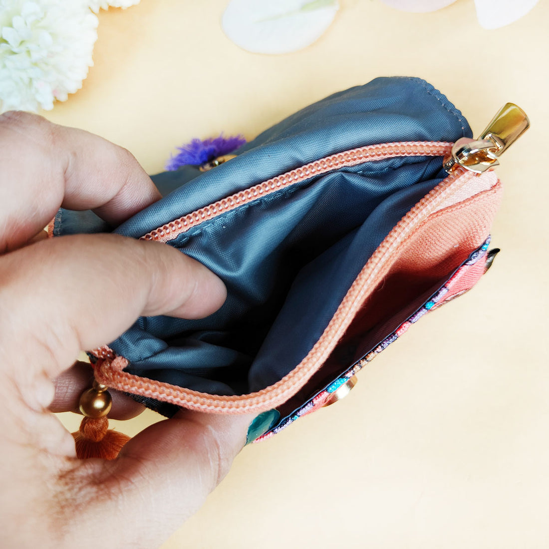 Mini Flap Wallet- Peach & Beige