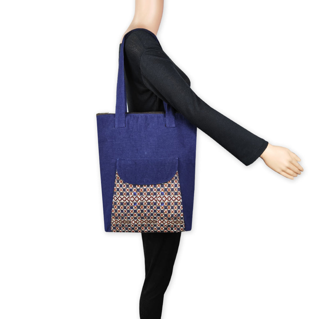 Blue Madhubani Checks Flap Tote Bag