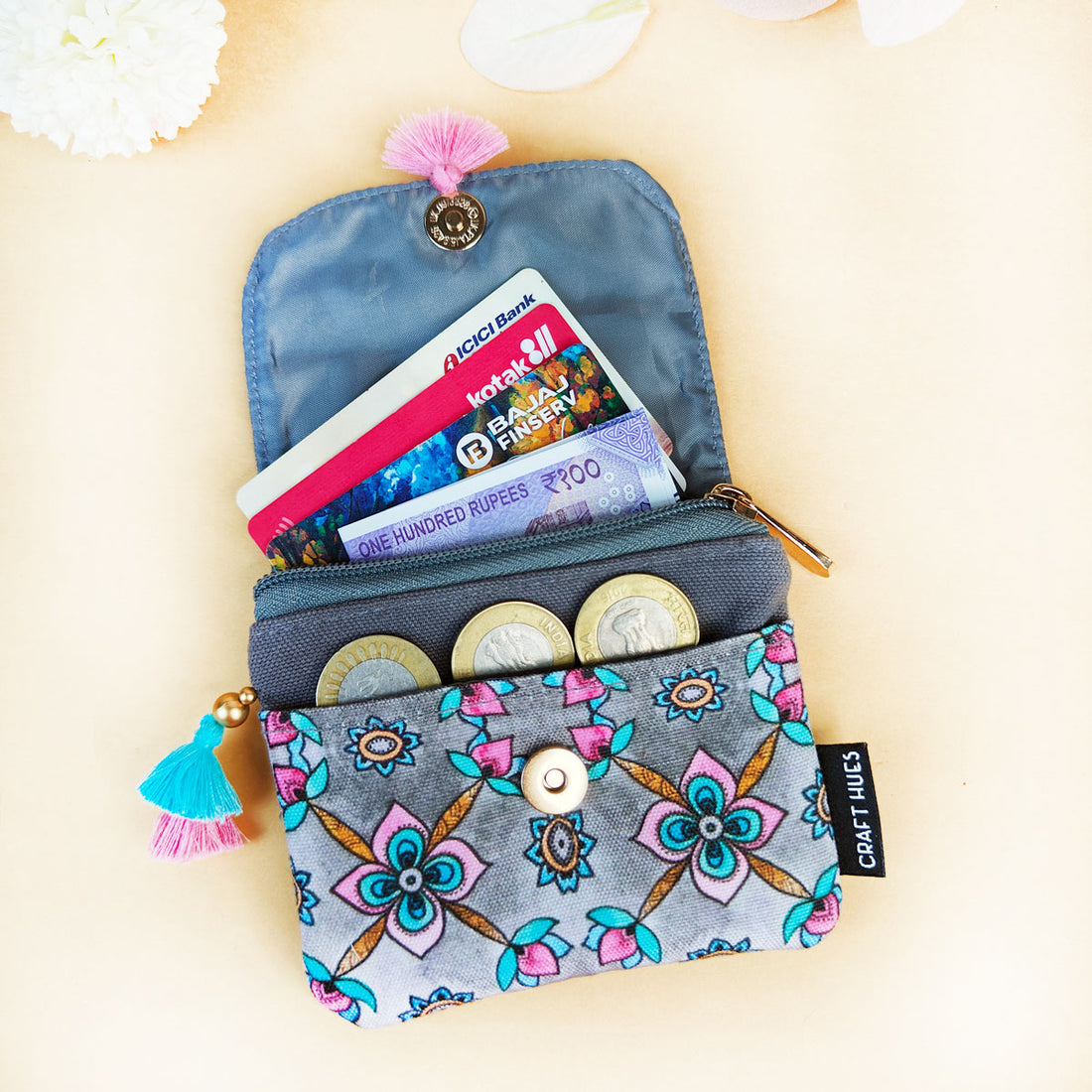 Mini Flap Wallet- Peach & Grey