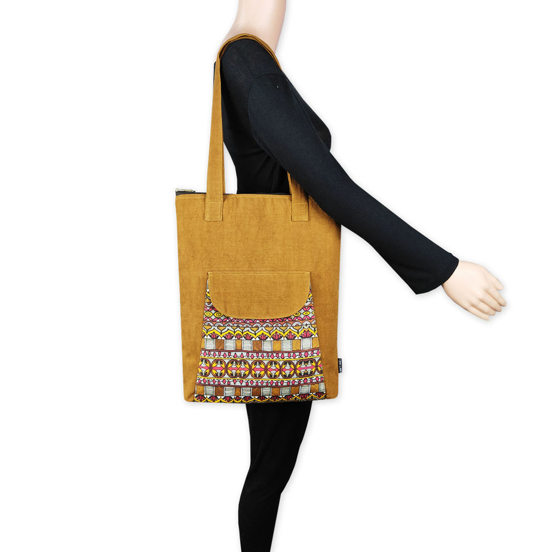 Mustard Madhubani Border Flap Tote Bag