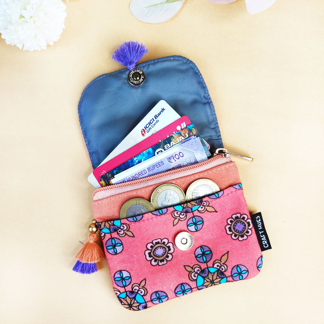 Mini Flap Wallet- Peach & Grey