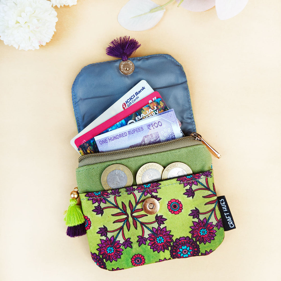 Mini Flap Wallet- Green & Mustard