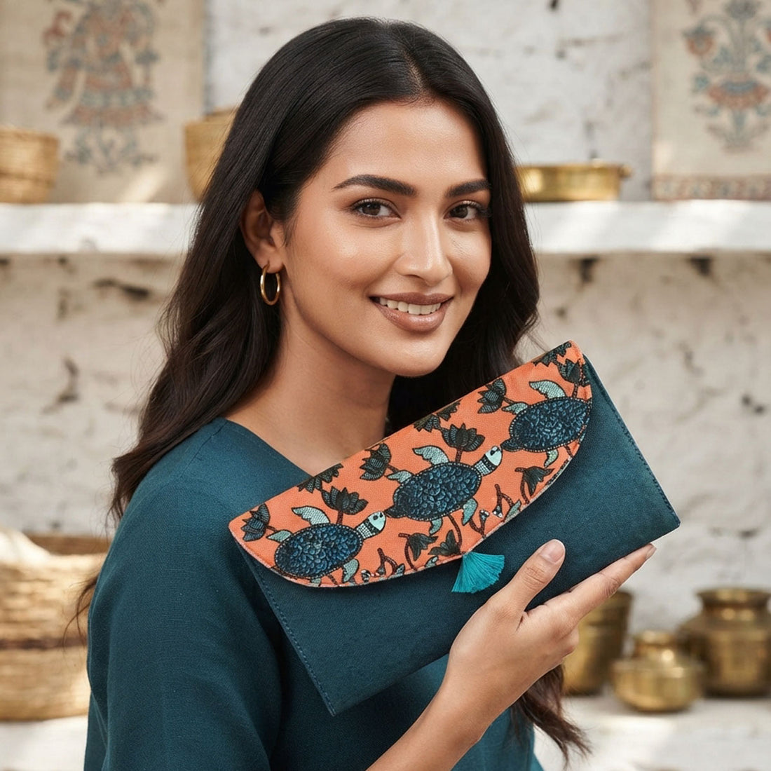 5 Pocket Long Wallet-Gond Teal Turtle
