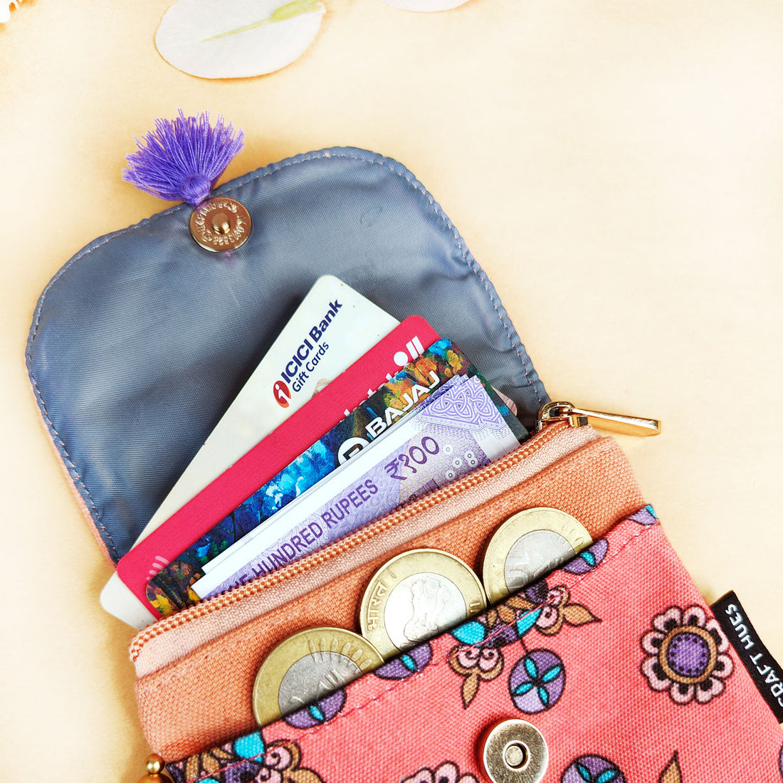 Mini Flap Wallet- Peach & Grey