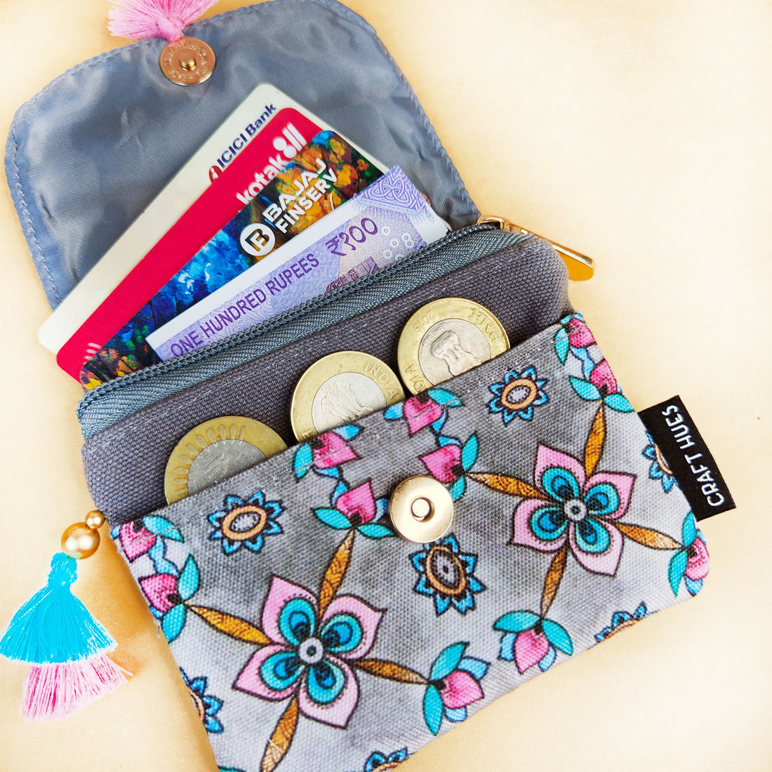 Mini Flap Wallet- Peach & Grey