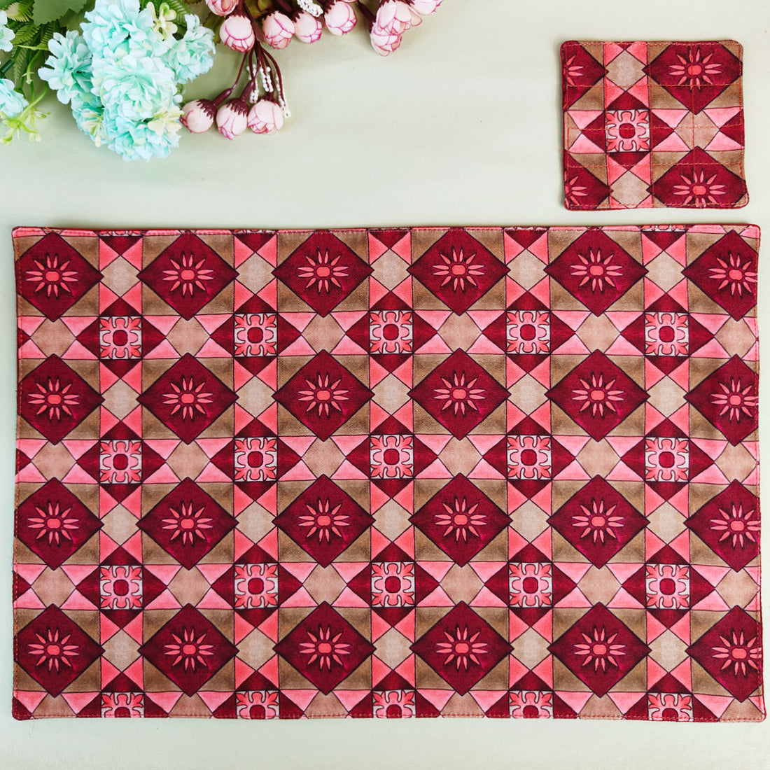 Table Mat-Coaster Set-Maroon Peach Tiles