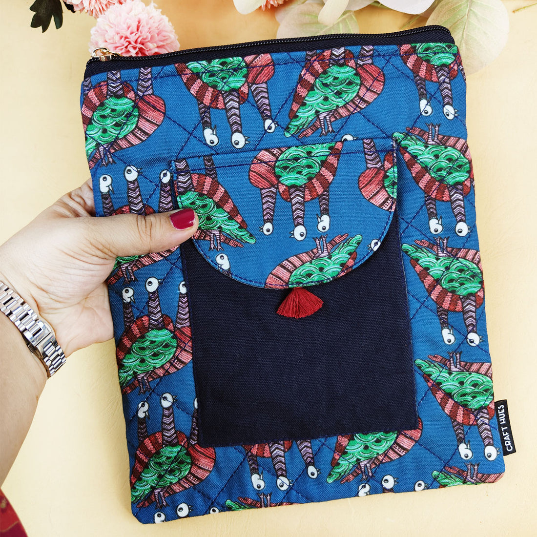 Book Cover Flap Pocket- Gond Blue Bird