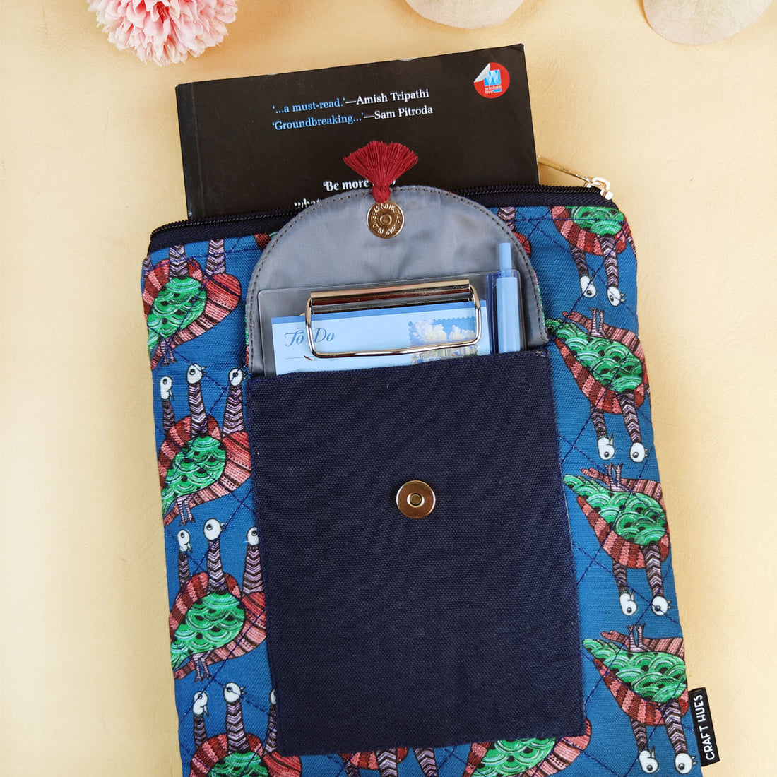 Book Cover Flap Pocket- Gond Blue Bird
