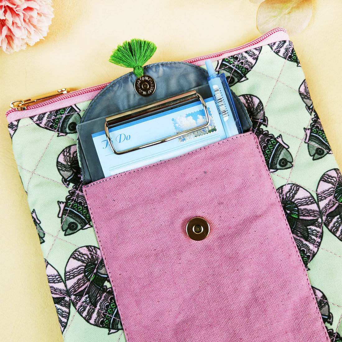 Book Cover Flap Pocket- Gond Green Fish