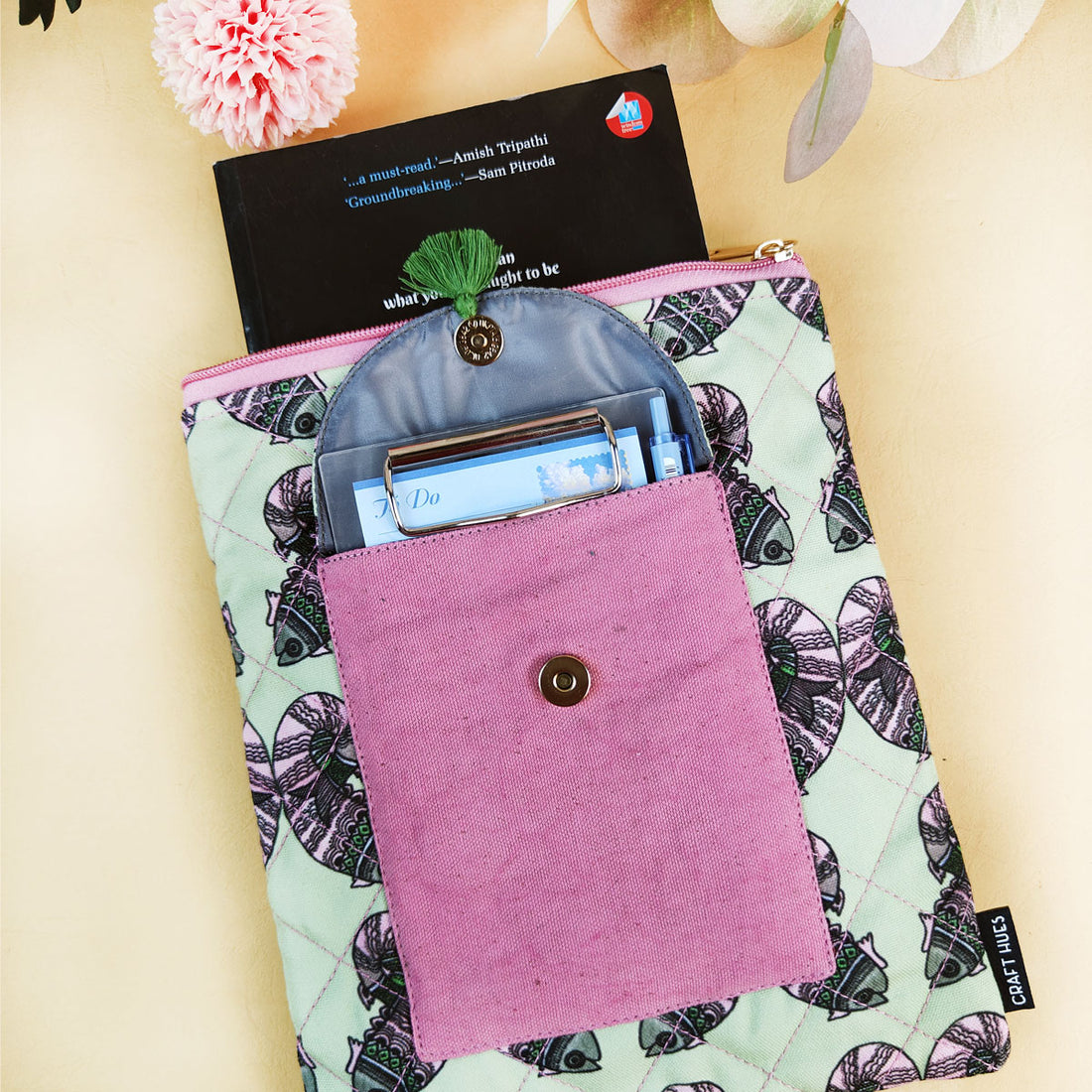 Book Cover Flap Pocket- Gond Green Fish