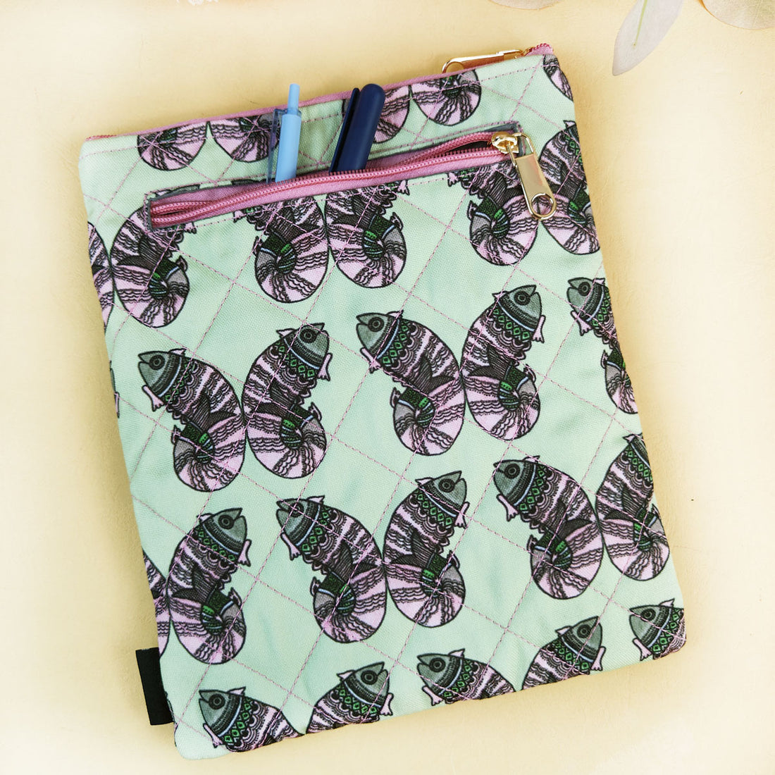 Book Cover Flap Pocket- Gond Green Fish
