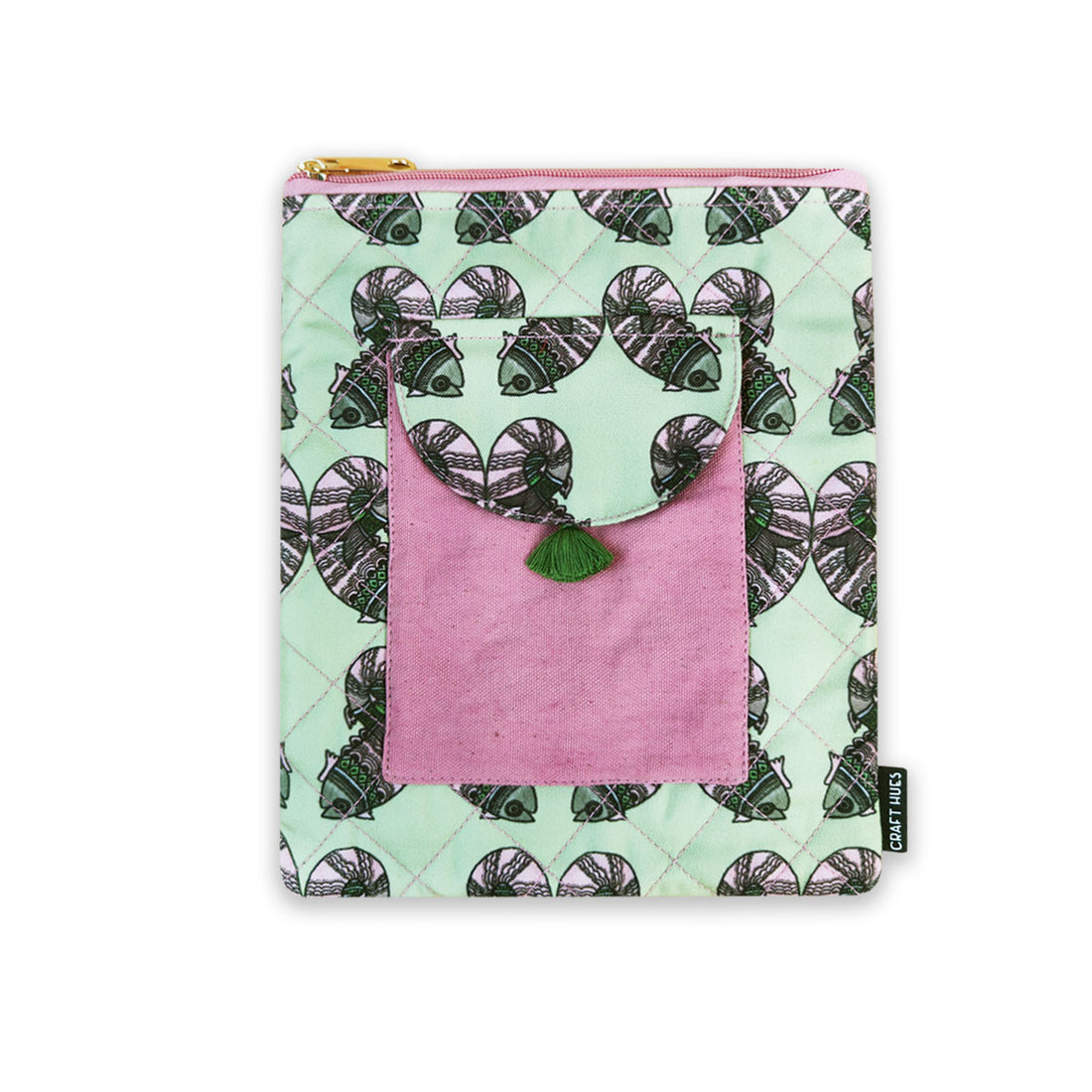 Book Cover Flap Pocket- Gond Green Fish